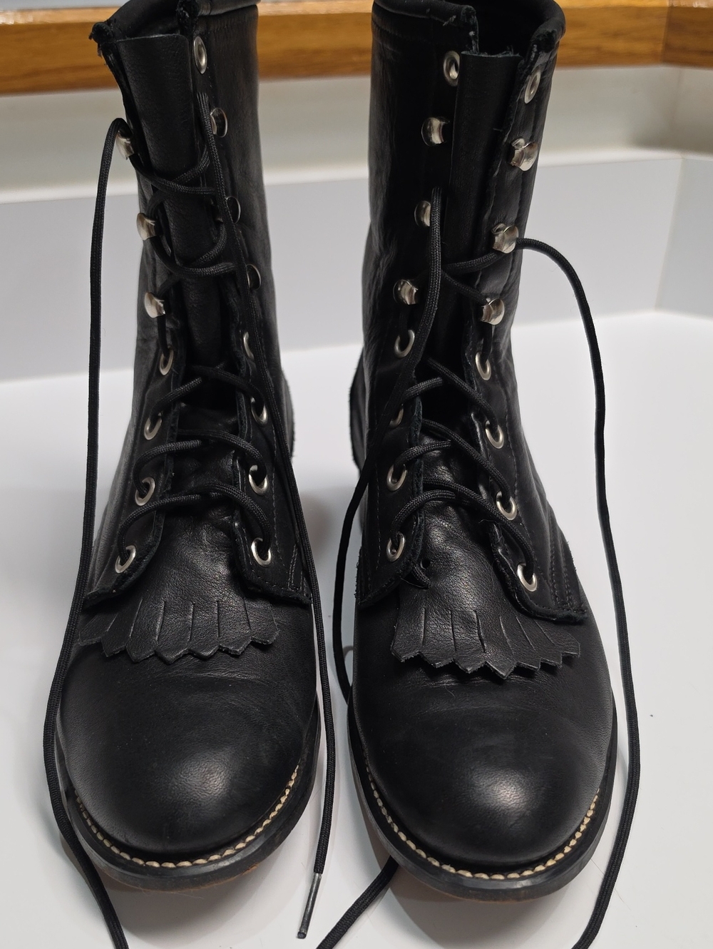 Laredo Vintage Black Leather Lace-Up Western Roper Boots - Size 8